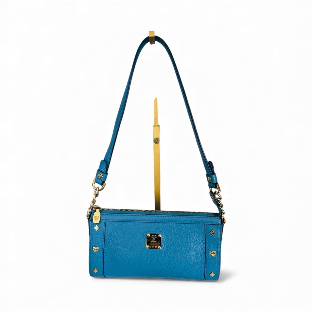 MCM München Turquoise Pebbled Leather Shoulder Bag with Gold Hardware & Dust Bag